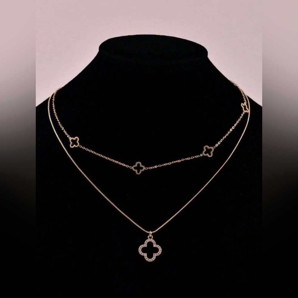 Gold Plated Stainless Steel Clover CZ 1pc Layered Necklace Tarnish Resistant